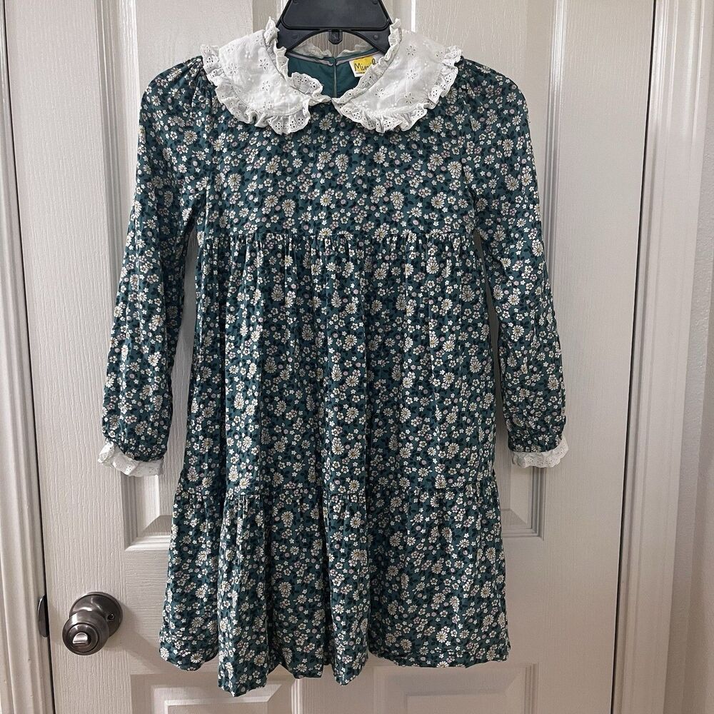 Mini Boden Green Floral Lace Collared Dress Long Sleeve Vintage Girls Size 9-10